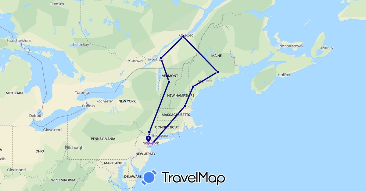 TravelMap itinerary: driving, train in Canada, United States (North America)